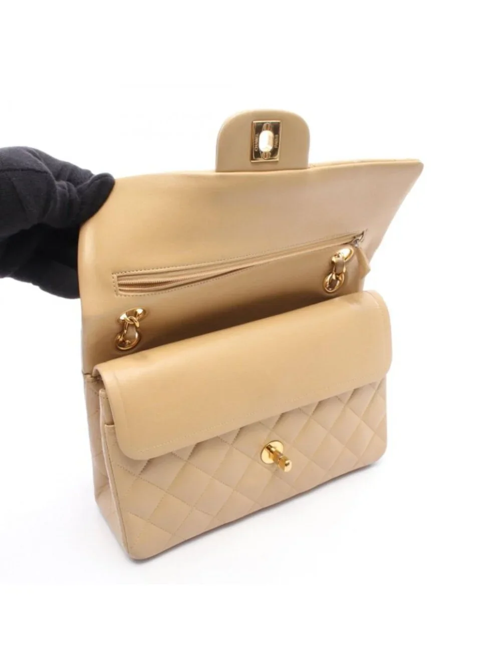 Chanel Shoulder Bag Quilted Double Flap Beige Lambskin Chain